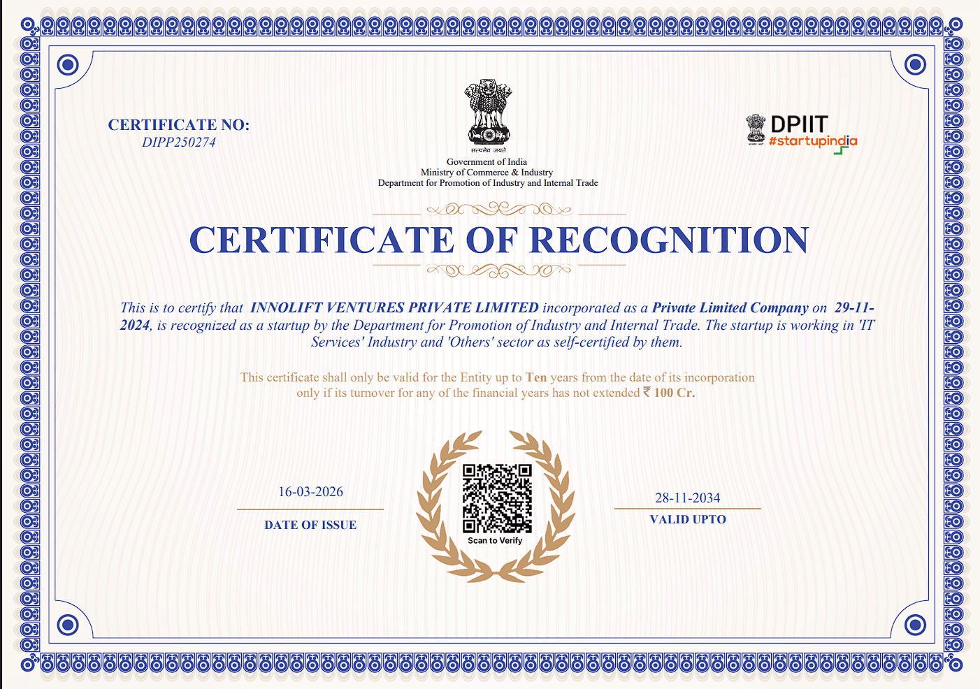 DPIIT Recognised Startup Certificate — InnoLift Ventures